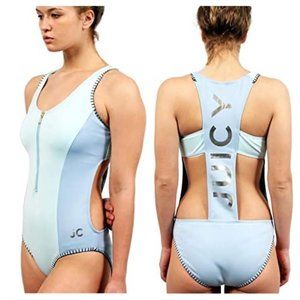 NWT JUICY COUTURE Light Blue LOGO  'Juicy' Zip-Front One-Piece Sporty Swimsuit